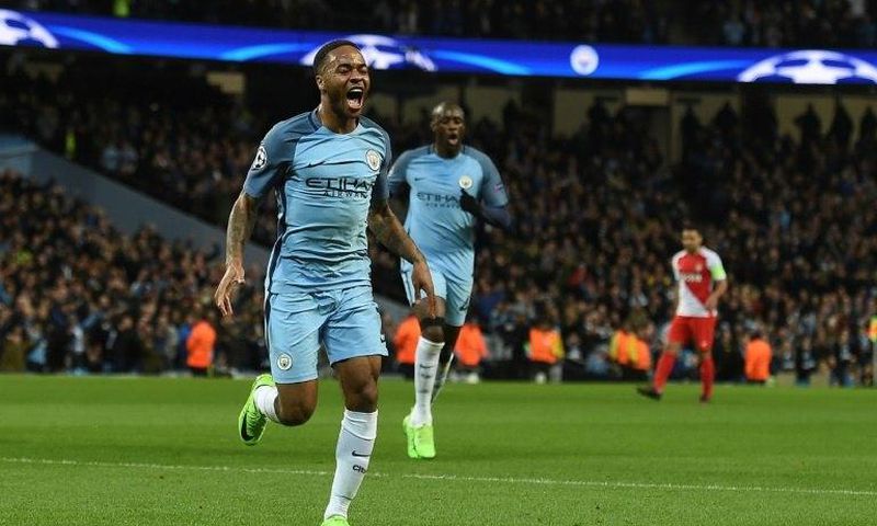Manchester City's midfielder Raheem Sterling celebrates scoring the opening goal during the Champions League football match against Monaco February 21, 2017