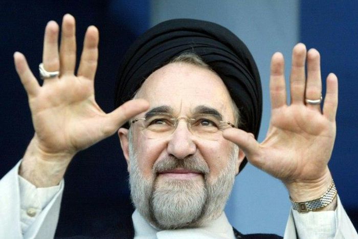 Iran's reformist former president Mohammad Khatami has skirted a media ban to back moderate incumbent Hassan Rouhani for reelection on May 19. Here he gestures to supporters when in office in 2003