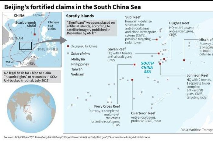 Analysis shows significant weaponry on artificial islands that China has built in the South China Sea, including anti-aircraft guns