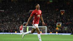 Manchester United's striker Marcus Rashford celebrates scoring their second goal during the UEFA Europa League quarter-final second leg football match against Anderlecht April 20, 2017