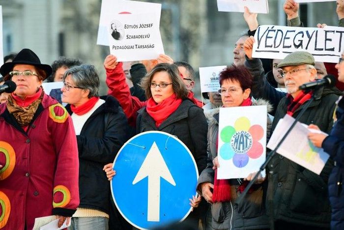 Activists of several non-governmental organizations show their logos during an anti-government demonstration in front of the Hungarian parliament in Budapest on February 5, 2017