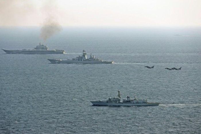In a picture released by the British Ministry of Defence, UK ships and aircraft shadow the Russian Petr Velikiy (C) and the Russian Admiral Kuznetsov (top) as they pass through the English Channel January 24, 2017