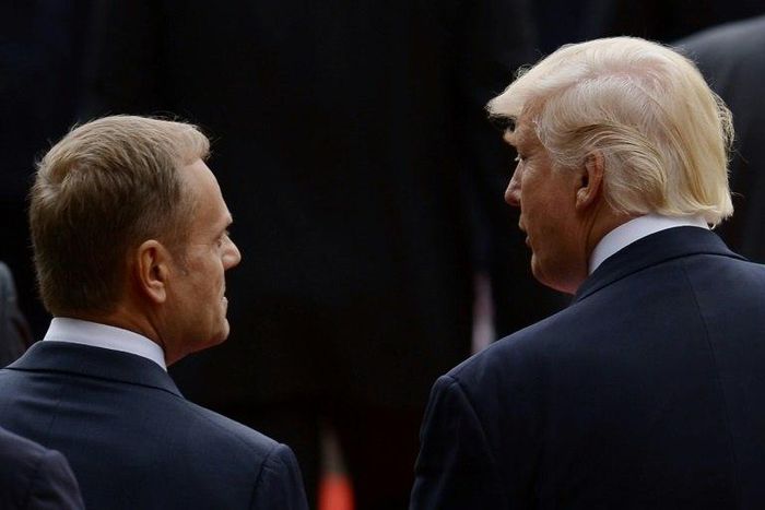 US President Donald Trump (L) speaks with President of the European Council Donald Tusk during the Heads of State and of Government G7 summit, on May 26, 2017 in Taormina, Sicily