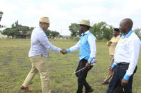 Governor Lenolkulal receives Tourism CS Najib Balala during the 2018 Maralal Camel Derby