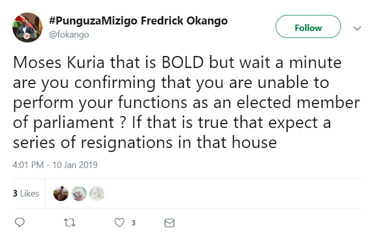 Thirdway Alliance party official tweets on alleged resignation of MP Moses Kuria