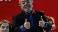 Former Brazilian president Luiz Inacio Lula Da Silva gives the thumbs-up during the Workers' Party Congress in Sao Paulo, Brazil on May 5, 2017