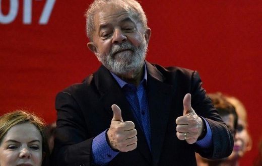 Former Brazilian president Luiz Inacio Lula Da Silva gives the thumbs-up during the Workers' Party Congress in Sao Paulo, Brazil on May 5, 2017