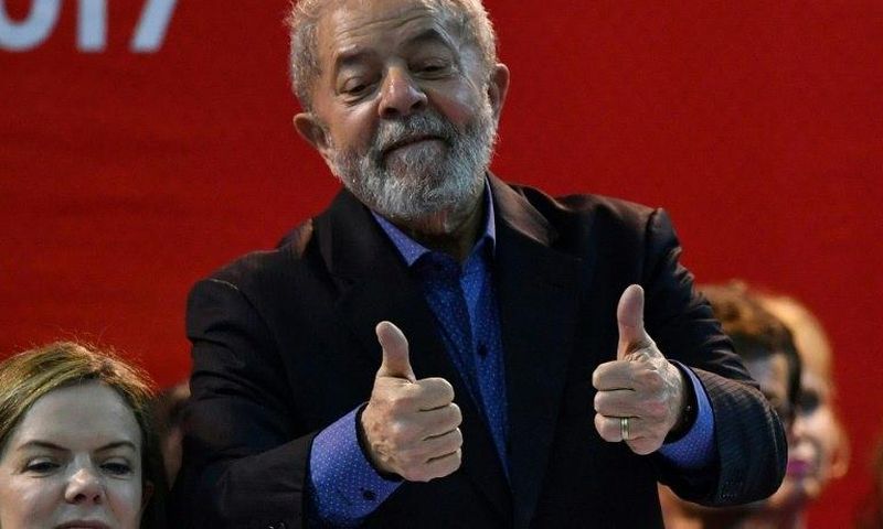 Former Brazilian president Luiz Inacio Lula Da Silva gives the thumbs-up during the Workers' Party Congress in Sao Paulo, Brazil on May 5, 2017