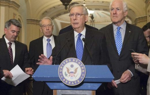 US Senate Majority Leader Republican Mitch McConnell (C) and company forged ahead to change court confirmation rules despite concerns, infuriated by Democrats' insistence on filibustering what Republicans consider a mainstream Supreme Court nominee