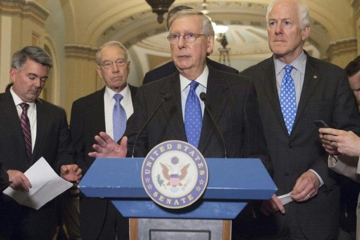 US Senate Majority Leader Republican Mitch McConnell (C) and company forged ahead to change court confirmation rules despite concerns, infuriated by Democrats' insistence on filibustering what Republicans consider a mainstream Supreme Court nominee