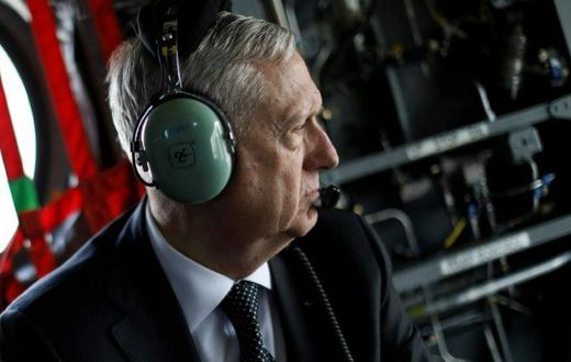 US Defence Secretary James Mattis arrives by helicopter at Resolute Support headquarters in the Afghan capital Kabul on April 24, 2017