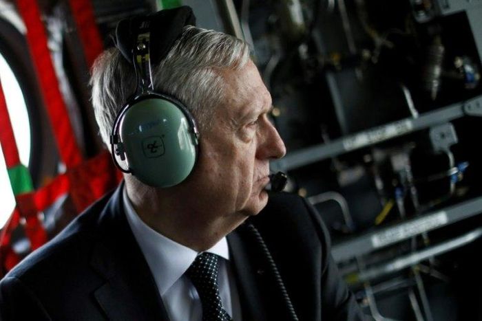 US Defence Secretary James Mattis arrives by helicopter at Resolute Support headquarters in the Afghan capital Kabul on April 24, 2017