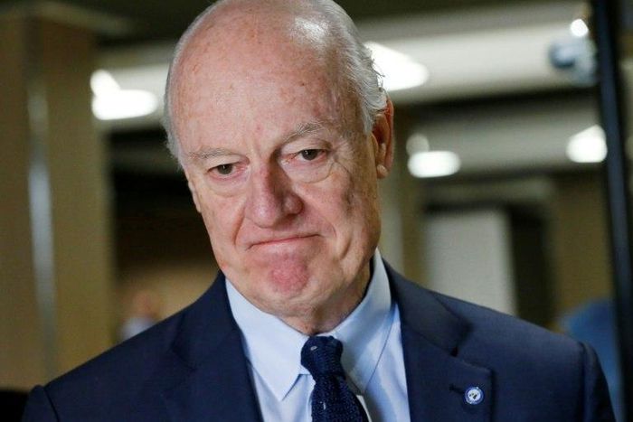 United Nations Special Envoy of the Secretary-General for Syria Staffan de Mistura arrives for a round of negotiation with the HNC during the Intra Syria talks at the European headquarters of the UN in Geneva, on March 24, 2017