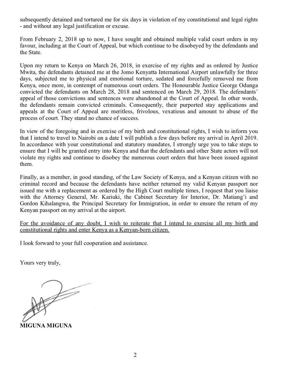 Miguna Miguna's letter in regards to being issued back his Kenyan passport on the day of his arrival (Twitter)