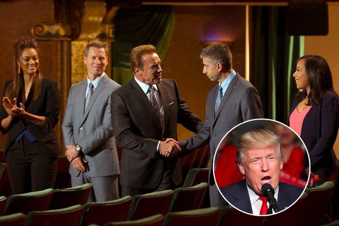 Patrick Knapp Schwarzenegger, Arnold Schwarzenegger, and Tyra Banks of NBC's "The Celebrity Apprentice."