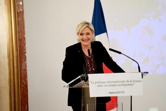 French presidential election candidate for the far-right Front National (FN) party Marine Le Pen delivers a speech focused on "France's international politics in a multipolar world" in Paris, on February 23, 2017