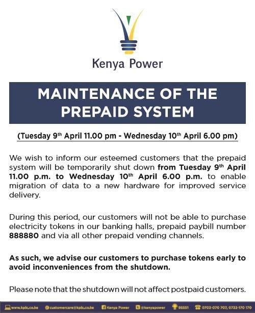 Kenya power token shutdown statement (Twitter)