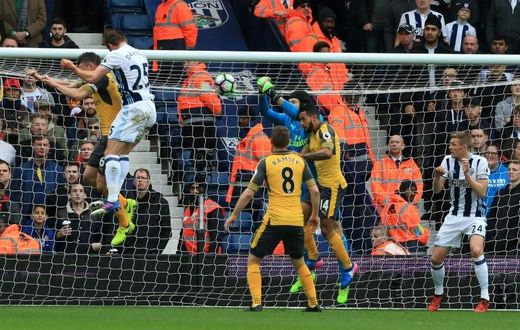 West Bromwich Albion's Craig Dawson (left) heads to score during the Premier League match against Arsenal at The Hawthorns stadium in central England, on March 18, 2017