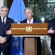 UN Secretary General Antonio Guterres (C) speaks as Turkish Cypriot leader Mustafa Akinci (L) and Greek Cypriot leader Nicos Anastasiades (R) listen on during a press conference following Cyprus peace talks in Geneva on January 12, 2017