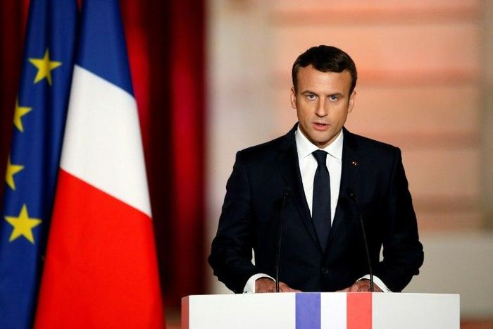 French President Emmanuel Macron speaks during his formal inauguration ceremony as French President in the Salle des Fetes of the Elysee presidential Palace on May 14, 2017 in Paris
