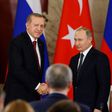 Russian President Vladimir Putin (R) and Turkey's President Recep Tayyip Erdogan shake hands after a joint news conference following their talks at the Kremlin in Moscow on March 10, 2017