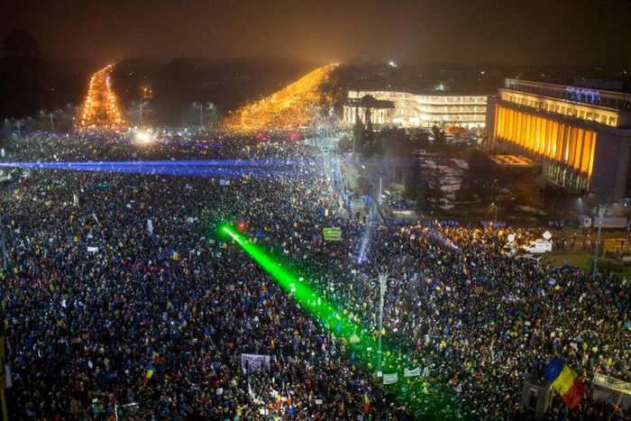 Up to 300,000 people were estimated to have gathered on Sunday in Bucharest's Victory Square, and a half million nationwide, in protest against the government's failed effort to water down corruption laws