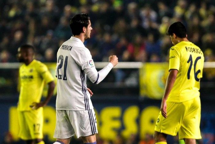 Alvaro Morata celebrates the winning goal after Real Madrid stage a comeback to beat Villareal 3-2