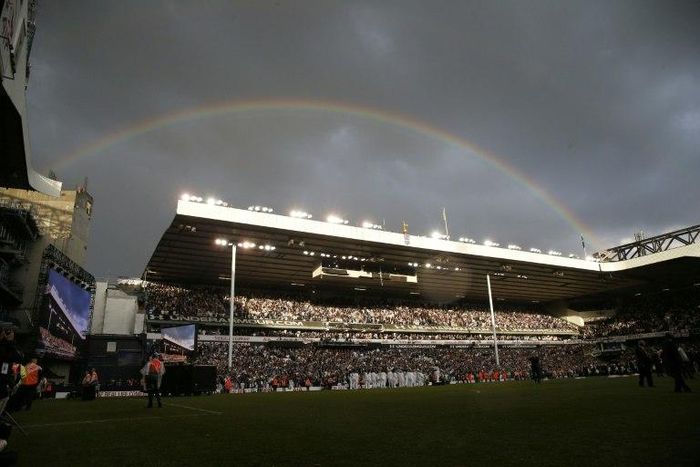 A rainbow appears over the stadium during the closing ceremony at White Hart Lane in London, on May 14, 2017