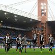 Juventus' players celebrate after the Italian Serie A football match against Sampdoria on March 19, 2017 at the Luigi Ferraris stadium in Genova