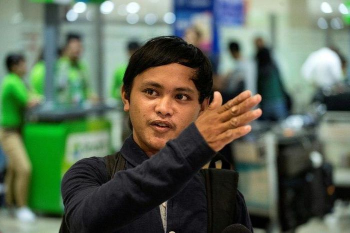Filipino fisherman Rolando Omongos, 21, arrives at the Manila International Airport on March 29, 2017