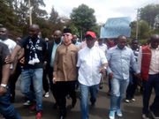 Former Governor William Kabogo with nominated Senator Isaac Mwaura during protests in Kiambu