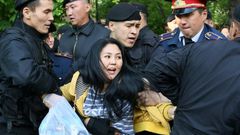 Several hundred people gathered in Almaty's central park to listen to activists who criticised the three-decade rule of Nursultan Nazarbayev