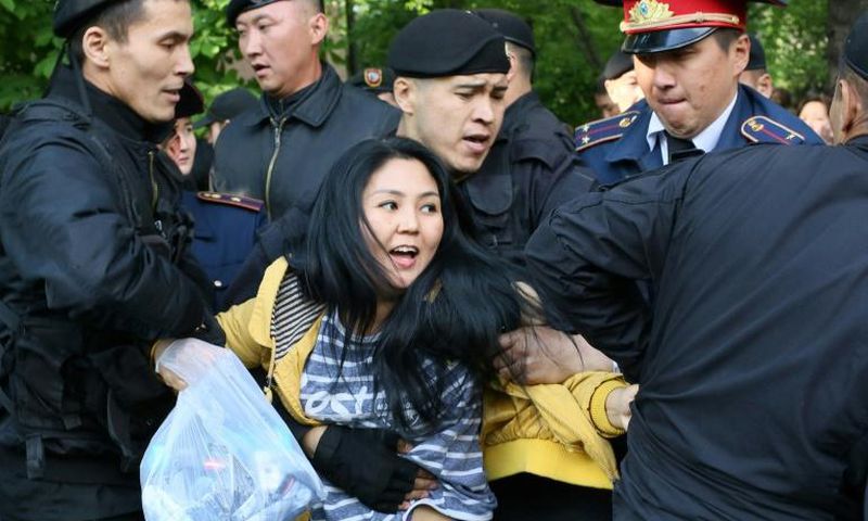 Several hundred people gathered in Almaty's central park to listen to activists who criticised the three-decade rule of Nursultan Nazarbayev
