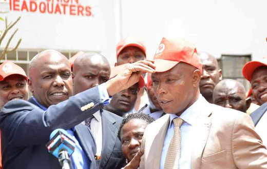 Kanu chairman Gideon Moi (Baringo Senator) and Laikipia senator aspirant Maina Njenga during a press conference at the party's headquarters after the latter's defection from Jubilee, March 22, 2017.