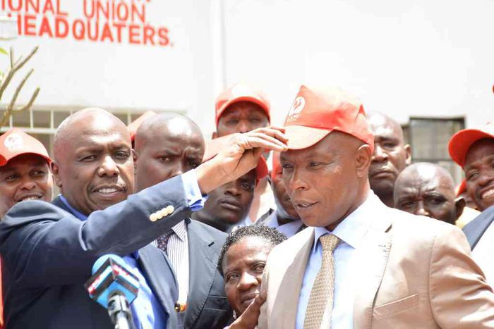 Kanu chairman Gideon Moi (Baringo Senator) and Laikipia senator aspirant Maina Njenga during a press conference at the party's headquarters after the latter's defection from Jubilee, March 22, 2017.