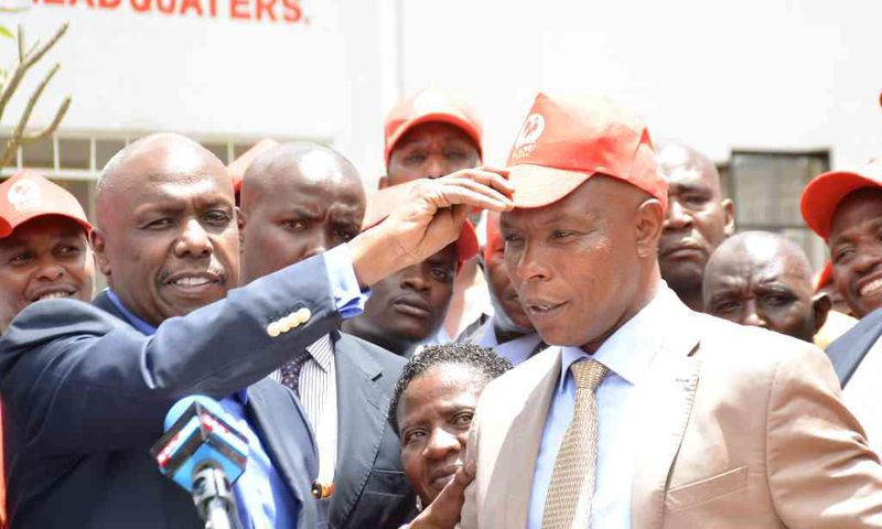 Kanu chairman Gideon Moi (Baringo Senator) and Laikipia senator aspirant Maina Njenga during a press conference at the party's headquarters after the latter's defection from Jubilee, March 22, 2017.