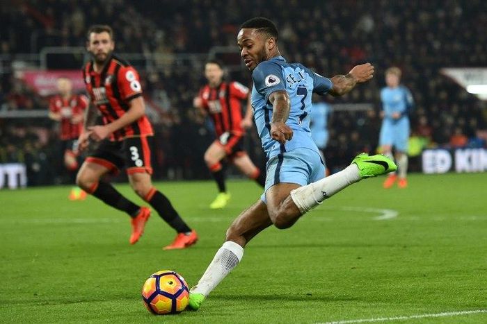 Manchester City's English midfielder Raheem Sterling crosses the ball during the English Premier League football match between Bournemouth and Manchester City at the Vitality Stadium in Bournemouth, southern England on February 13, 2017