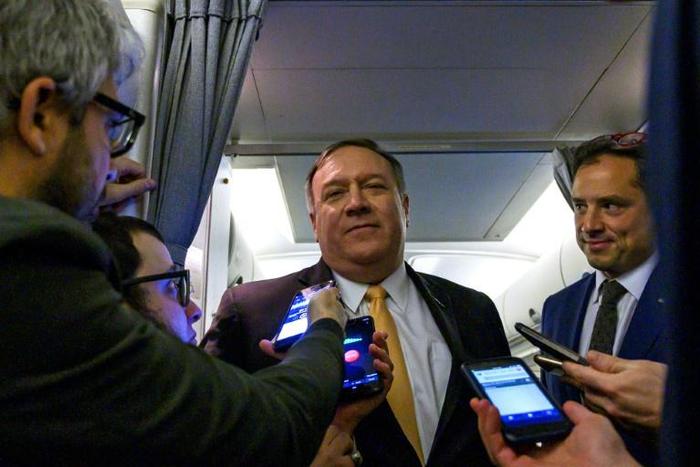 US Secretary of State Mike Pompeo speaks with the press as he flies to the Middle East on January 7, 2019