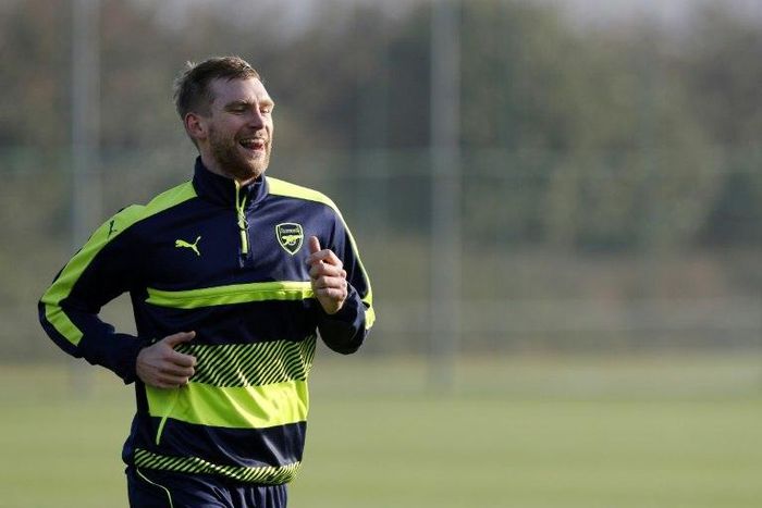 Arsenal defender Per Mertesacker pictured during a training session at the club's complex in London Colney on December 5, 2016