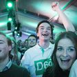 Militants of the Dutch Democracy party D66 celebrate during an election rally in Scheveningen, on March 15, 2017