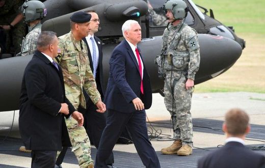 US Vice President Mike Pence (C) arrives at army base Camp Bonifas after a failed North Korean missile test, April 17, 2017