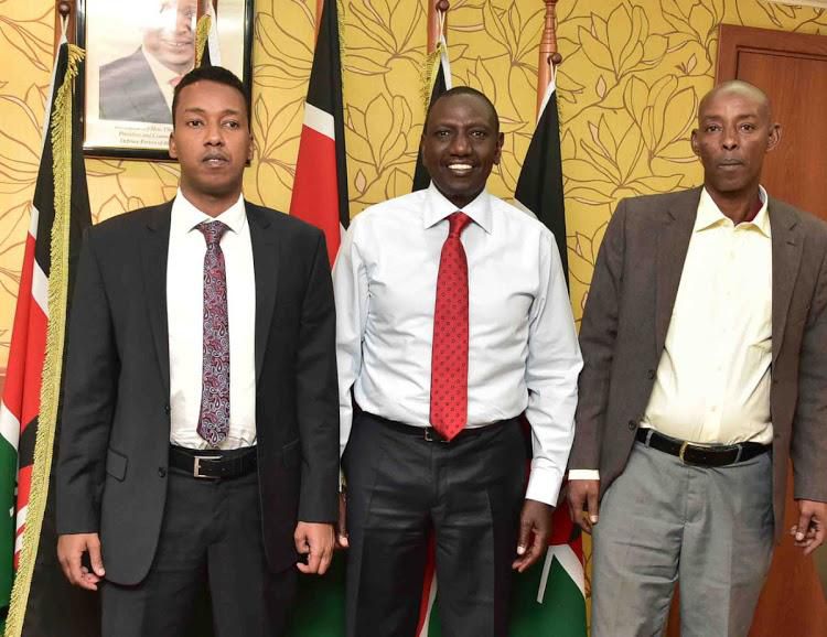DP William Ruto with Ali Noor Abdi (LPK) and Abbas Nunow (AGANO) who have also withdrawn from the Wajir West by-election.