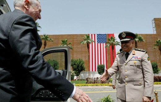 Egyptian Defence Minister Sedki Sobhy welcomes Pentagon chief James Mattis to Cairo talks on April 20, 2017