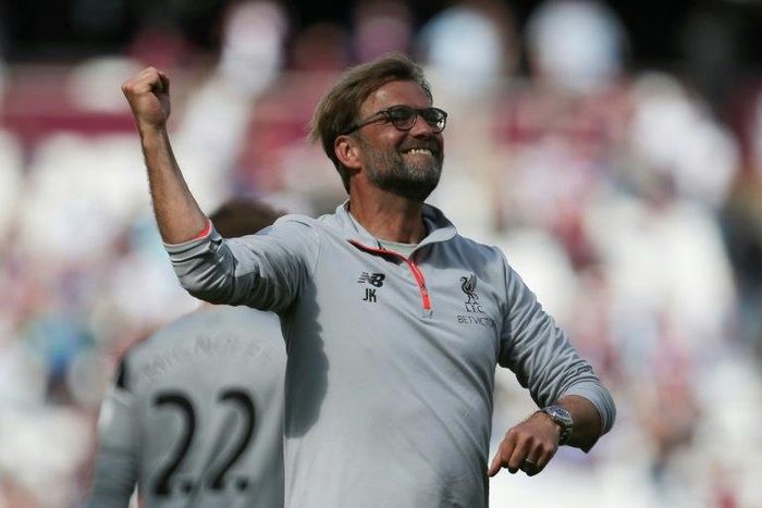 Liverpool's manager Jurgen Klopp celebrates after their English Premier League football match against West Ham United on May 14, 2017