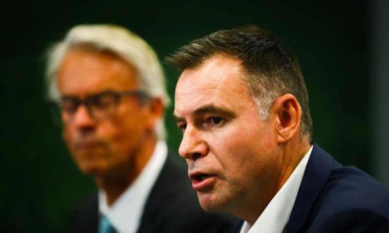 Newly appointed head coach of the Australia women's football team Ante Milicic (right) speaks alongside FFA chief executive David Gallop
