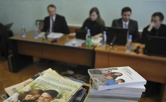 Stacks of booklets distributed by Jehovah's Witnesses in a Russian court.