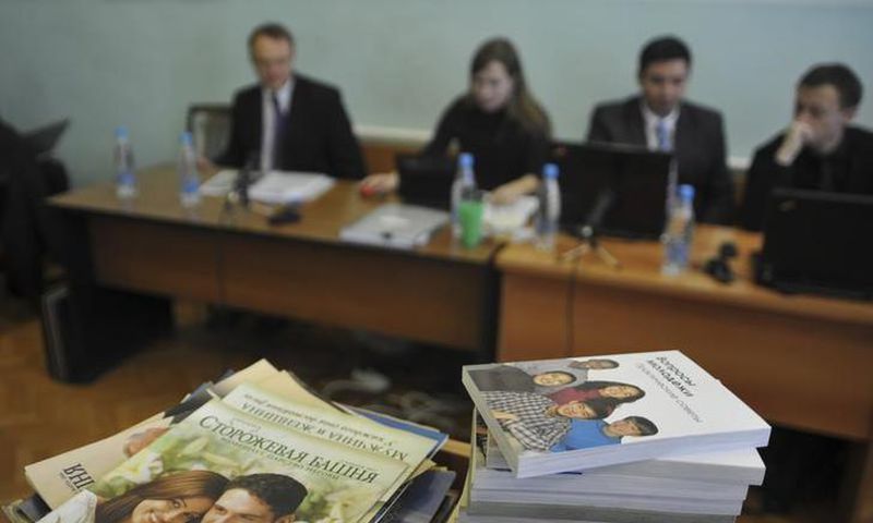 Stacks of booklets distributed by Jehovah's Witnesses in a Russian court.
