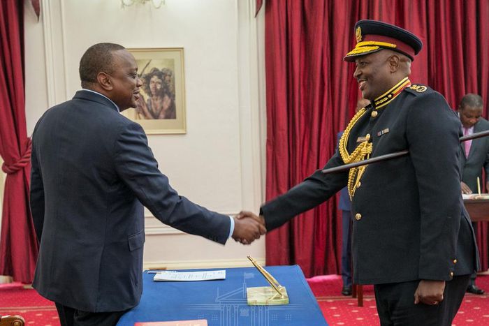 President Uhuru Kenyatta with new IG Hillary Mutyambai at State House (PSCU)
