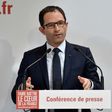French presidential election candidate for the left-wing French Socialist party Benoit Hamon addresses the press on March 29, 2017, following announcement by former prime minister Manuel Valls he will endorse the presidential bid of Emmanuel Macron