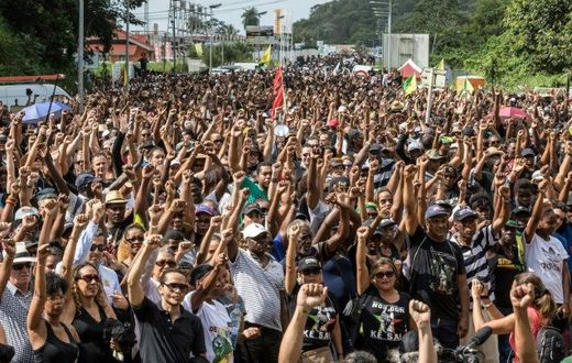 A protest at the Kourou space centre in French Guiana on Tuesday, part of a general strike that has paralysed the territory